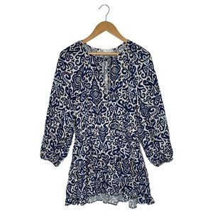 Zara Dress Womens L Geometric Ruffle Keyhole Tie Long Balloon Sleeve Blue White